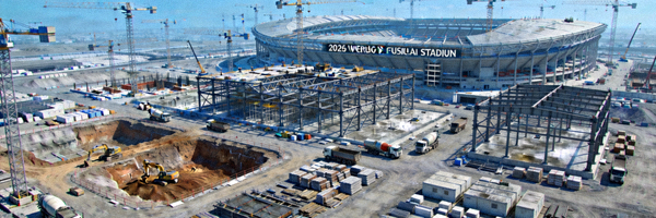 2026世界杯某新建足球场馆施工现场俯瞰图