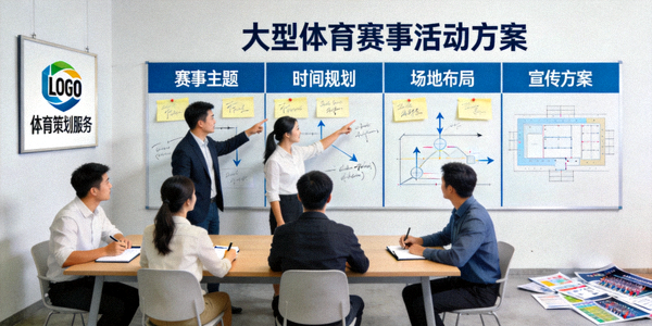 体育策划服务示意图 - 团队在策划板上讨论大型体育赛事活动方案